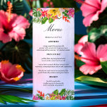 Menú Boda Tropical Hibiscus Floral Palmeras<br><div class="desc">Transportar a sus huéspedes a un paraíso tropical con este vibrante menú de bodas. Con flores de hibiscos exuberantes, hojas de palma balancines y un relajante fondo acuático, este diseño marca la pauta para una celebración relajada y elegante. Personaliza con tus deliciosas opciones de menú para un toque realmente personalizado....</div>