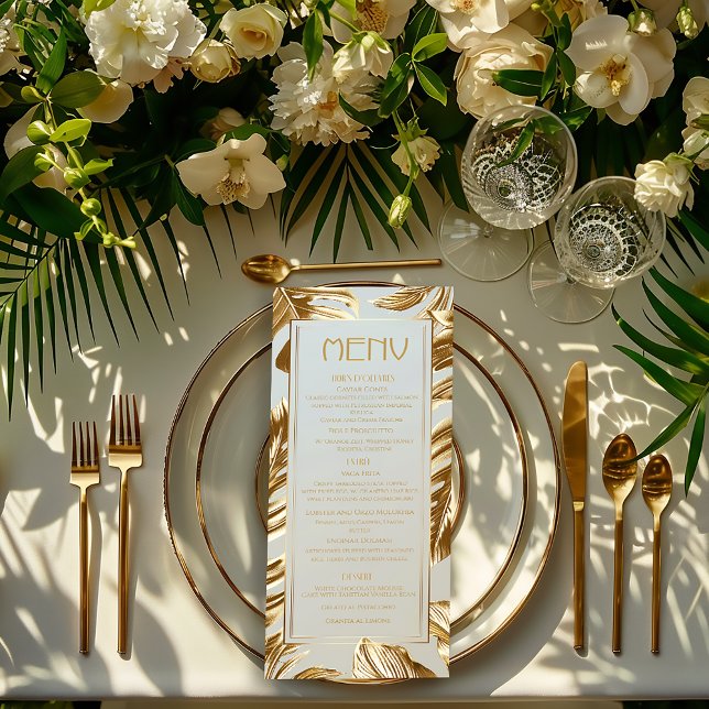 Menú Boda Tropical Monstera de Lujo Dorado (Stylish Gold Monstera Leaf Wedding Menu )
