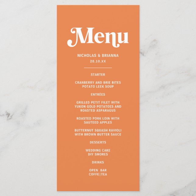 Menú Boda Tropical Retro Naranja Moderna (Anverso)