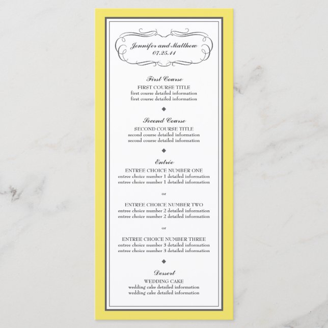 Menú Boda Tuxedo en amarillo y gris (Anverso)