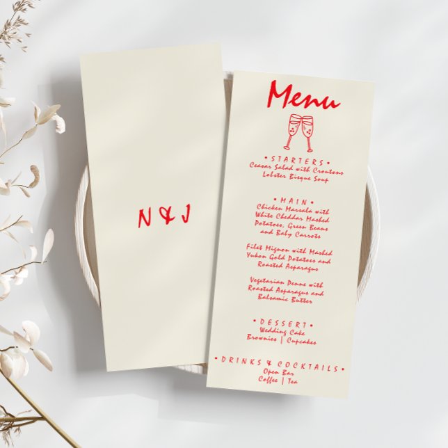 Menú Boda Única Quirky Retro Roja Dibujada a Mano (Subido por el creador)