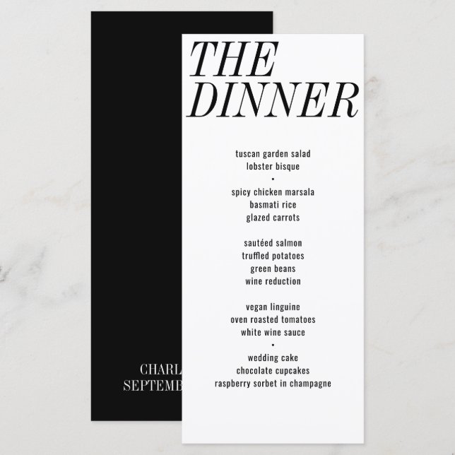Menú Boda único de tipografía blanca negra en la cena (Anverso / Reverso)