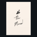 Menú Boda único retro quirky con escritura a mano dibuj<br><div class="desc">Un menú moderno y retro para la cena boda original en blanco y negro. Que presenta diseño de plantillas de moda de fondo lechoso cremoso y tipografía escrita a mano negra. Con una botella de mano, una copa de champán y pasteles en la parte delantera y las gripes en la...</div>