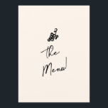 Menú Boda único retro quirky con escritura a mano dibuj<br><div class="desc">Un menú moderno y retro para la cena boda original en blanco y negro. Que presenta diseño de plantillas de moda de fondo lechoso cremoso y tipografía escrita a mano negra. Con una botella de mano, una copa de champán y pasteles en la parte delantera y las gripes en la...</div>