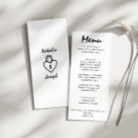 Menú Boda único retro quirky con escritura a mano dibuj<br><div class="desc">Un colorido menú retro funky moderno para la cena boda amarillo melocotón. Que presenta el diseño de plantillas de moda de fondo blanco boho y tipografía negra y menú escrito a mano en negro. Y fondo blanco con el corazón dibujado a mano encerrado en la parte posterior. Perfecto y a...</div>
