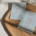 Menú Boda único y moderno retro colorido y brillante<br><div class="desc">Un colorido menú retro funky moderno y luminoso para la cena boda. Que presenta el diseño de plantillas de moda de fondo azul cielo boho vintage y tipografía naranja y menú escrito a mano en rojo. Perfecto y a juego con la suite.</div>