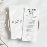 Menú Boda único y rápido con escrúpulos dibujados a man<br><div class="desc">Un colorido menú retro funky moderno para la cena boda amarillo melocotón. Que presenta el diseño de plantillas de moda de fondo blanco boho y tipografía negra y menú escrito a mano en negro. Y fondo blanco con el corazón dibujado a mano en el amor en la espalda con las...</div>
