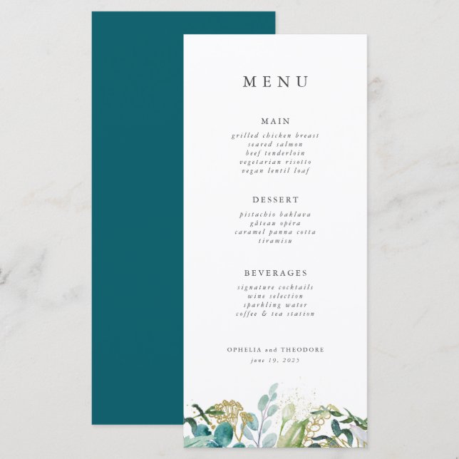 Menú Boda verde azulada elegante botánica moderna (Anverso / Reverso)