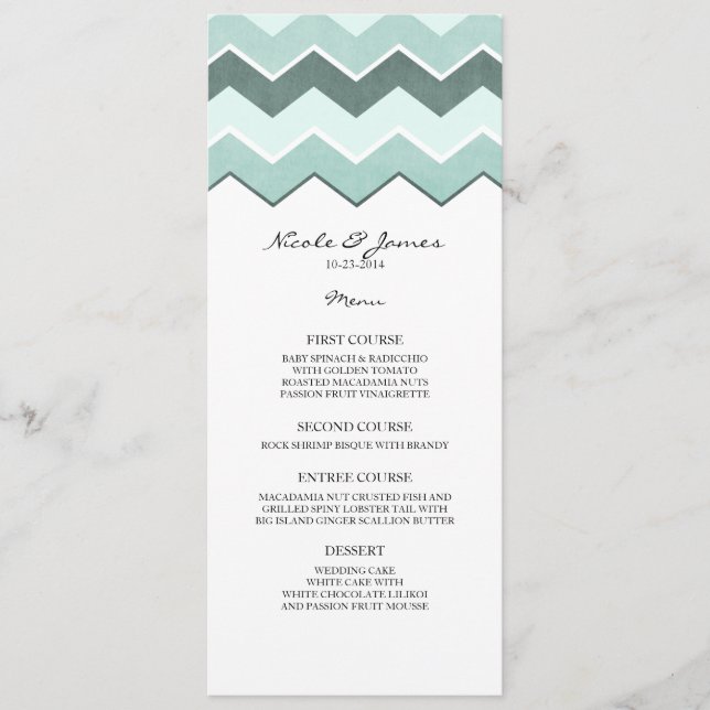Menú Boda Verde azulado Blue Zig Zag (Anverso)