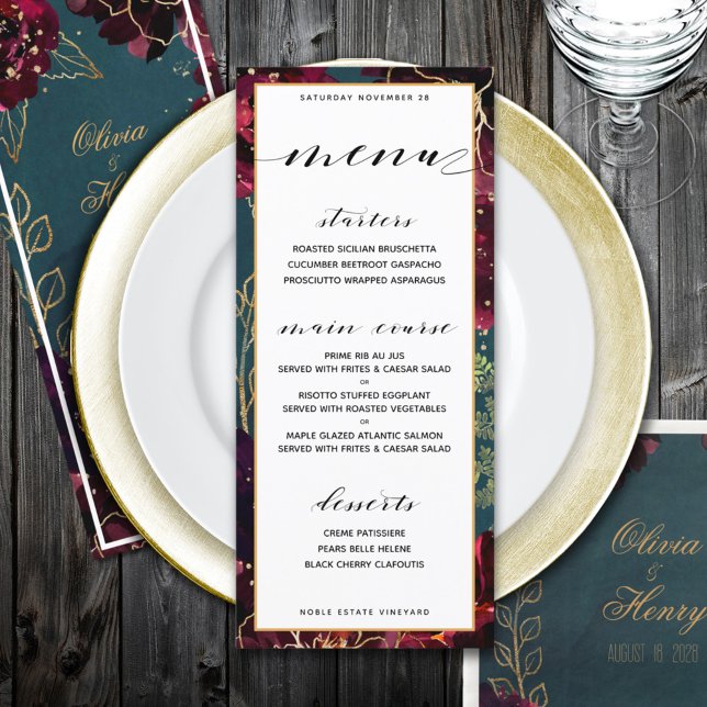 Menú Boda verde azulado de burdeos jewel tones (Teal Bordeaux Jewel Tones Wedding Menu)