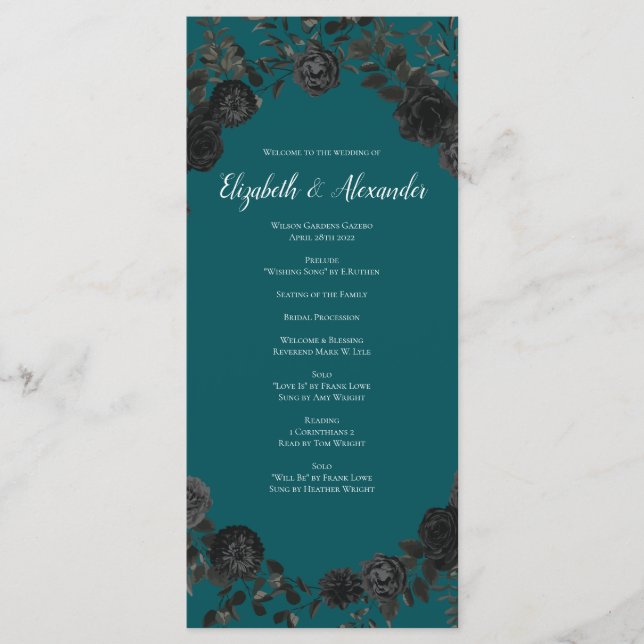 Menú Boda Verde azulado de Rosas negros (Anverso)