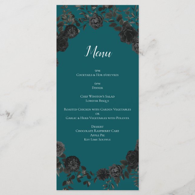Menú Boda Verde azulado de Rosas negros (Anverso)