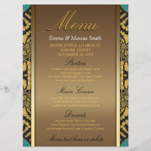 Menú Boda Verde azulado Tribal Batik Style Gold Bl