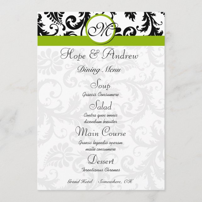 Menú Boda verde de Apple Damask Swirl negro (Anverso)