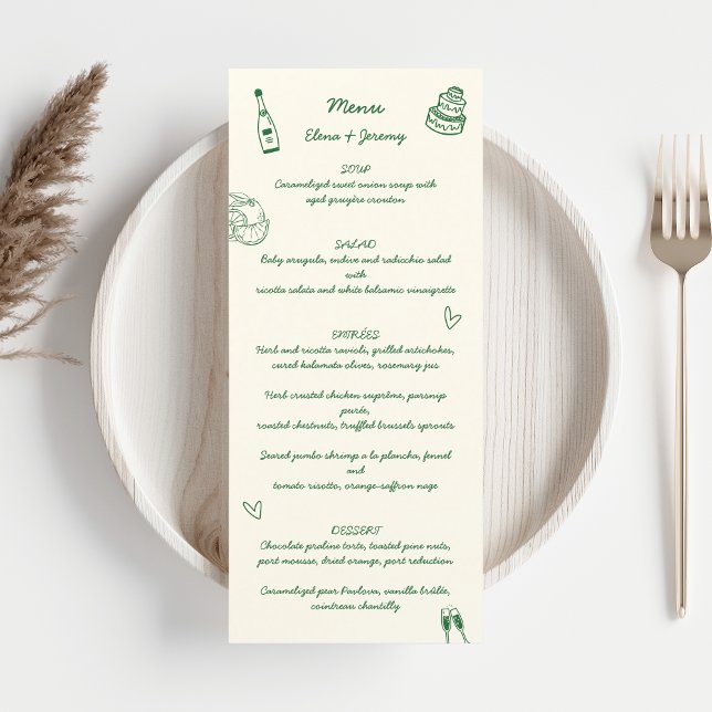 Menú Boda Verde de dibujo manuscrito esgrimido de mano (Green hand illustration wedding menu)