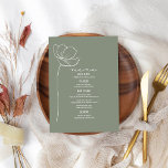 Menú Boda verde de la franja de flor de línea<br><div class="desc">La línea roja inspiró el texto "Menú" en la parte superior con texto personalizado blanco y fondo verde sabio con flor de arte de una sola línea a la izquierda.</div>