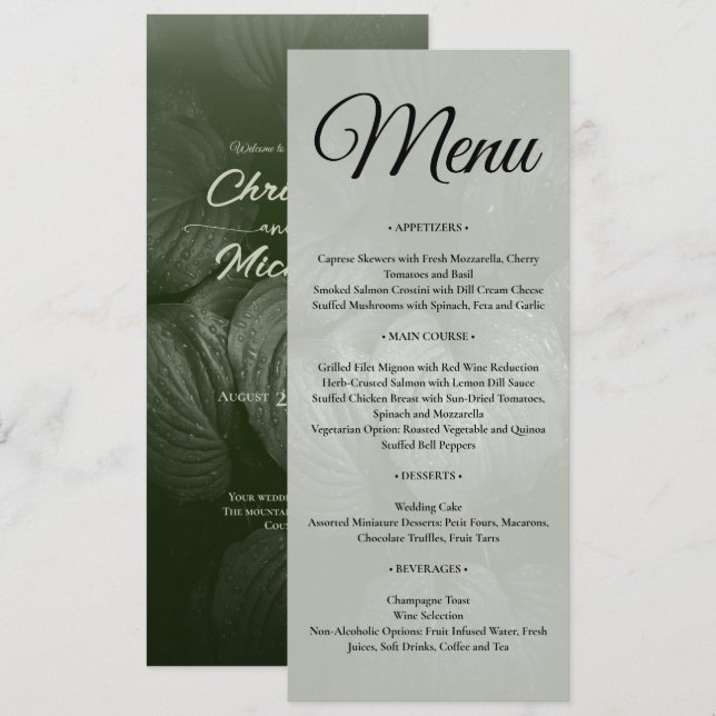 Menú Boda verde elegante de primavera de la hoja verde (Anverso / Reverso)