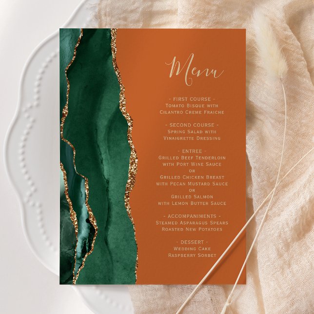 Menú Boda Verde Esmeralda Dorado Naranja Quemada (Subido por el creador)