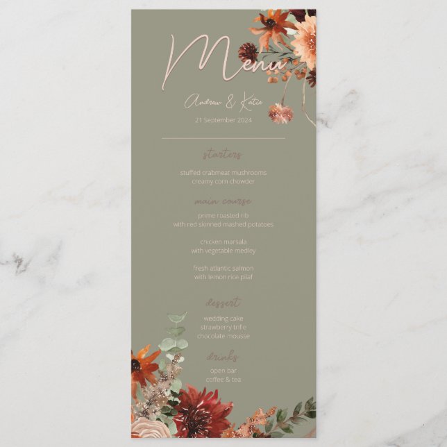 Menú Boda Verde Floral Boho Rust & Neutral Fall IV (Anverso)