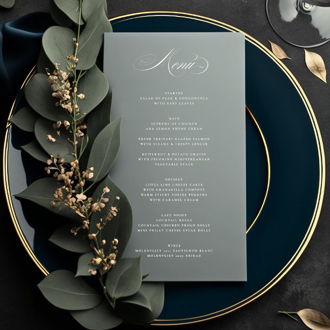 Menú Boda verde gris de caligrafía elegante premium (Subido por el creador)