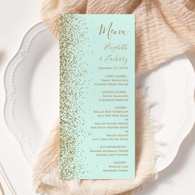 Menú Boda Verde Menta Glitter Dorado Moderno (Subido por el creador)