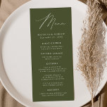 Menú Boda verde oliva moderno y elegante<br><div class="desc">Menú de bodas sencillo y elegante con un "Menú" presentado en un guión blanco moderno con un fondo verde oliva o color de su elección. Personalice el menú boda verde oliva añadiendo sus nombres,  fecha boda e información del menú. Diseñado para coordinar con nuestra colección de bodas Modern Elegance.</div>