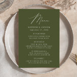Menú Boda verde oliva moderno y elegante<br><div class="desc">Menú de bodas sencillo y elegante con un "Menú" presentado en un guión blanco moderno con un fondo verde oliva o color de su elección. Personalice el menú boda verde oliva añadiendo sus nombres,  fecha boda e información del menú. Diseñado para coordinar con nuestra colección de bodas Modern Elegance.</div>