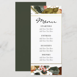 Menú Boda Verde Oscuro Floral de acuarela de otoño