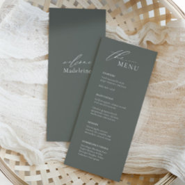 Menú Boda verde sabio con nombre de invitado y gui