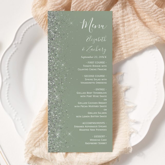 Menú Boda Verde Sage Moderno con Borde de Brillo Platea (Subido por el creador)