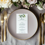 Menú boda verde y blanco de la rama de eucalipto<br><div class="desc">Una refinada carta de menú boda con una delicada rama de eucalipto acuarela en la parte superior, acompañada de un elegante guión verde y fuentes serif. El fondo blanco limpio y la disposición minimalista permiten destacar el menú y los detalles del evento, mientras que el acento botánico aporta un toque...</div>