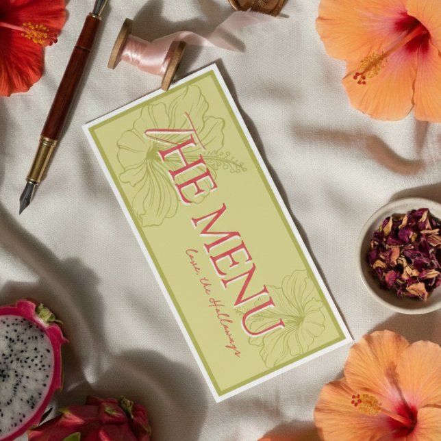 Menú Boda Vibrante de Hibisco Tropical Chartreuse (Elevate your reception table with this Tropical Hibiscus Chartreuse Vibrant Wedding Menu!)