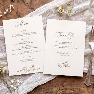 Menú Boda Victoriana Floral Vintage Marrón y Crema