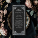 Menú Boda victoriano de plata gótica vintage<br><div class="desc">Diseño boda elegante y moderno inspirado en un estilo de arte gótico victoriano. El diseño no es un verdadero Relieve metalizado. Artículos coincidentes en nuestra tienda para un tema fiesta completo.</div>