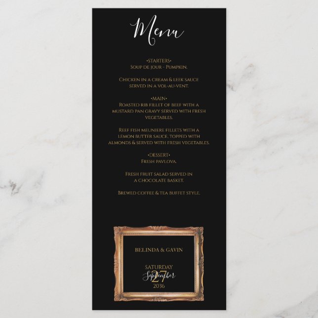Menú Boda Vintage Black & Gold (Anverso)