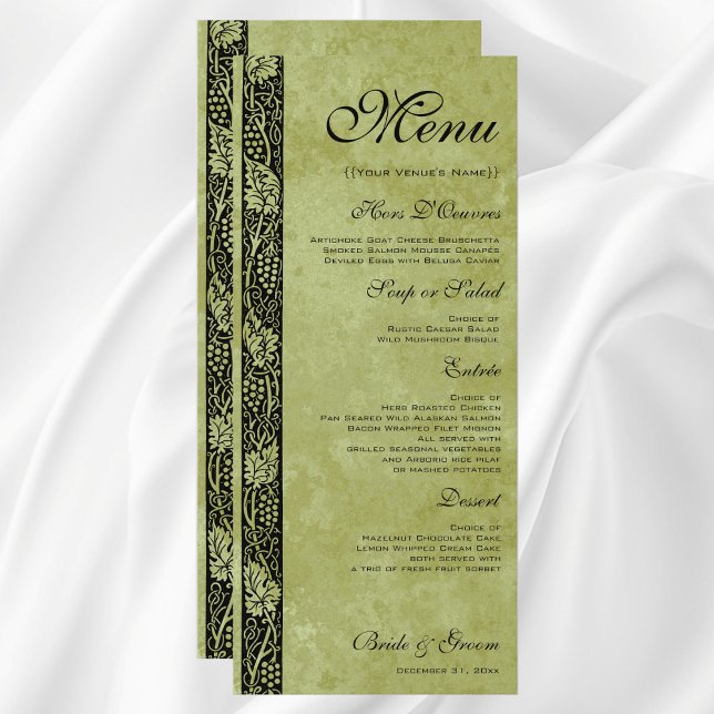 Menú Boda Vintage, Hojas de parra victorianas (Vintage Wedding, Antique Victorian Grape Vines Customizable Reception Menu)
