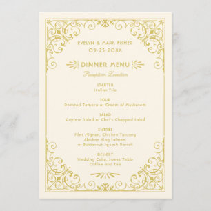 Menú Boda Vintage Marfil y Oro Art Deco Cena