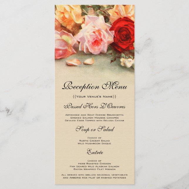 Menú Boda Vintage, Naturaleza Muerta de Flores de Rosas (Anverso)