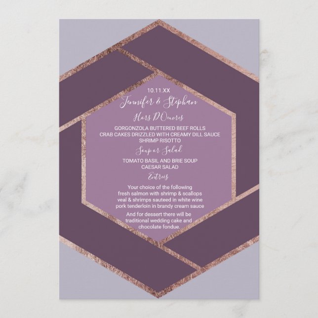 Menú Boda Violet Lilac Purple Rosa Gold Hexagon (Anverso)