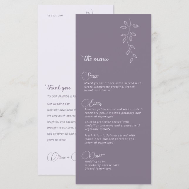 Menú boda Violeta Botánica y Vintage (Anverso / Reverso)