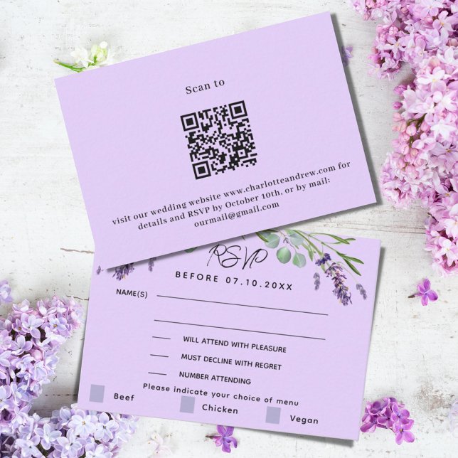 Menú boda violeta de Lavender respuesta QR RSVP (Subido por el creador)
