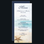 Menú Boda Watercolor Abstract Beach Starfish<br><div class="desc">El menú de boda temático de la costa incluye una playa abstracta de acuarela con olas de océano turquesa tropical, arena dorada y conchas de pez estrella. El tipo de letra del guión clásico está en azul marino náutico para coordinar con el lado inverso. Personalice con sus nombres, fecha de...</div>