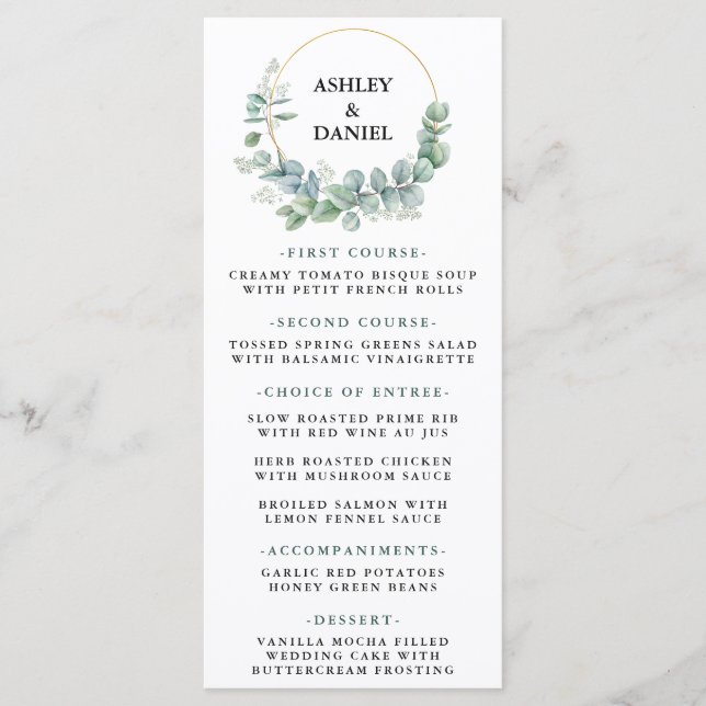 Menú Boda Watercolor Eucalyptus Greenery Gold (Anverso)