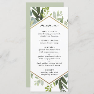 Menú Boda Watercolor Greenery Gold Hexagon