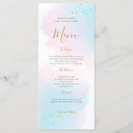 Menú Boda Whimsical Pink Blue Watercolor Dorado Splash