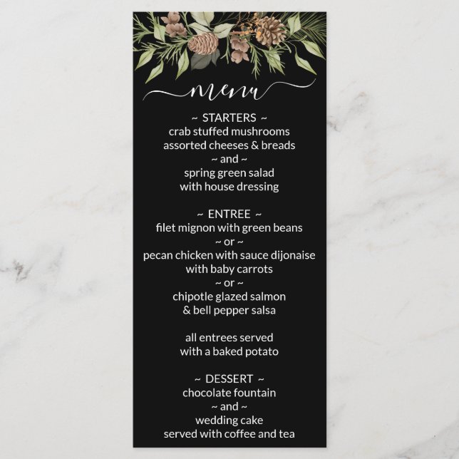 Menú Boda Winter Black and White Elegant Script (Anverso)