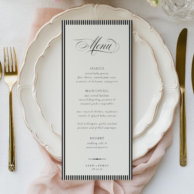 Menú Bodas con rayas de caligrafía ESTATUARIA (Subido por el creador)