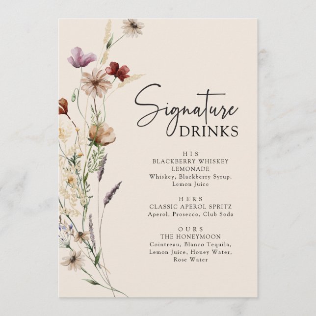 Menú Bodas de Bebidas de Flores Silvestres Boho (Anverso)