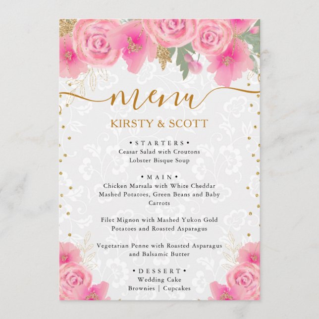 Menú Bodas de flores rosadas acuarela (Anverso)