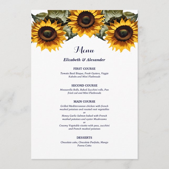 Menú Bodas de girasoles amarillos bonitos (Anverso)